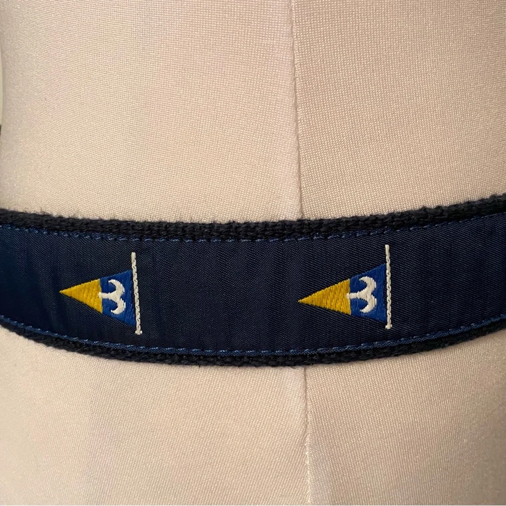 LEATHER MAN MENS BELT BLUE NAUTICAL FLAGS BROWN TAN Size 30 BRASS BUCKLE USA